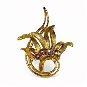 Vintage Gold Tone Floral Spray Brooch Pink Aurora Borealis Rhinestone Pin 2 Inch